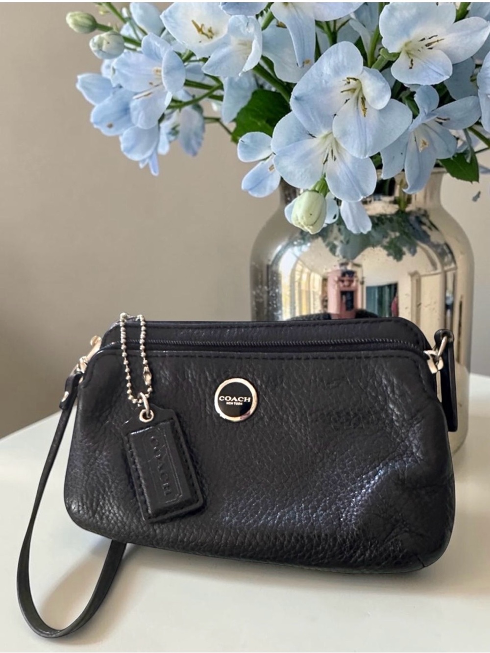 COACH Black Pebbled Leather Double Zipper Wristlet, Logo Disc, Ice Blue Lining